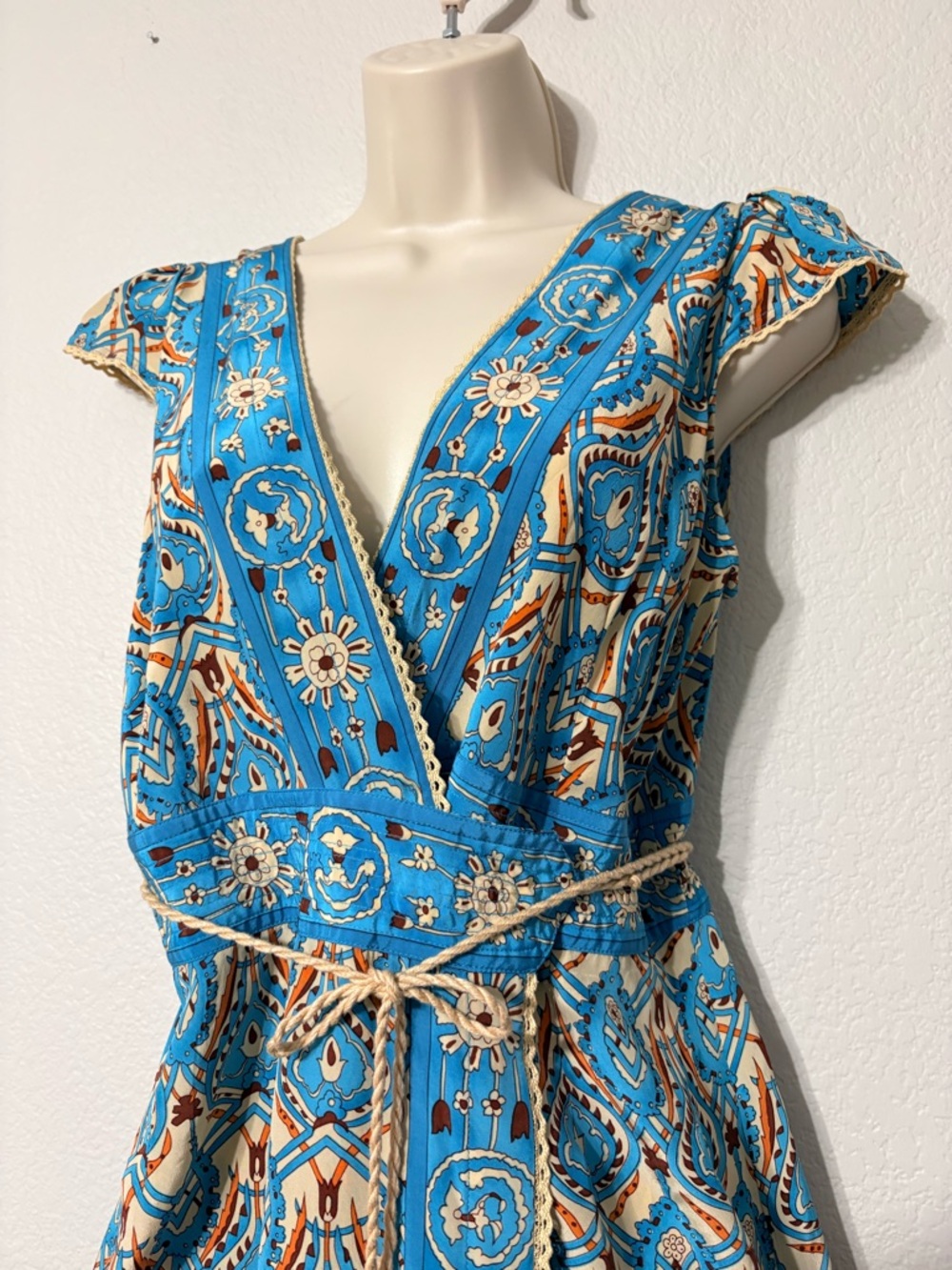 Plenty by Tracy Reese  Silk Turquoise Printed V-Neck Midi Wrap Dress w Rope Tie - Picture 2 of 15
